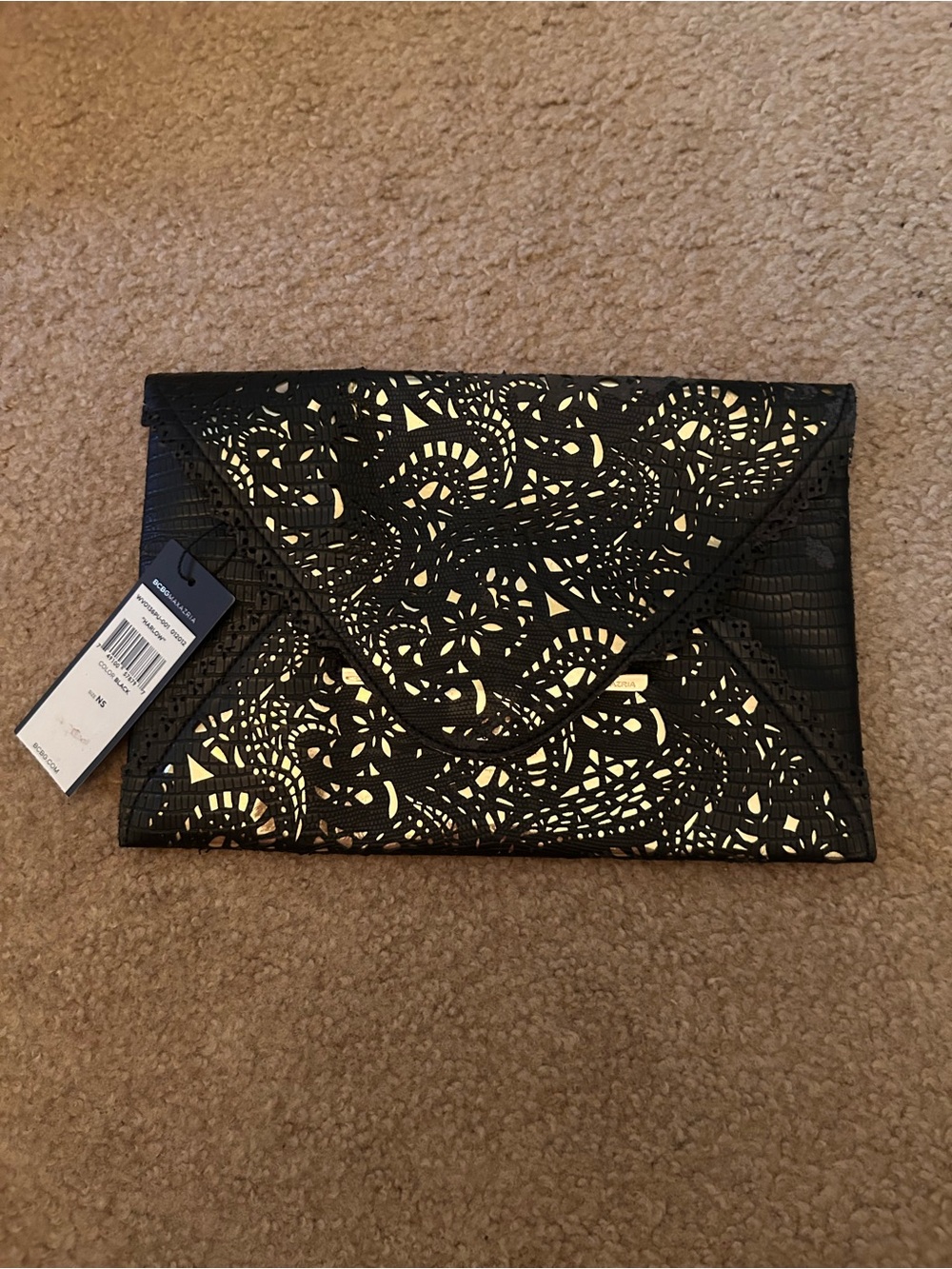 BCBG Black and Gold Laser-Cut Envelope Clutch